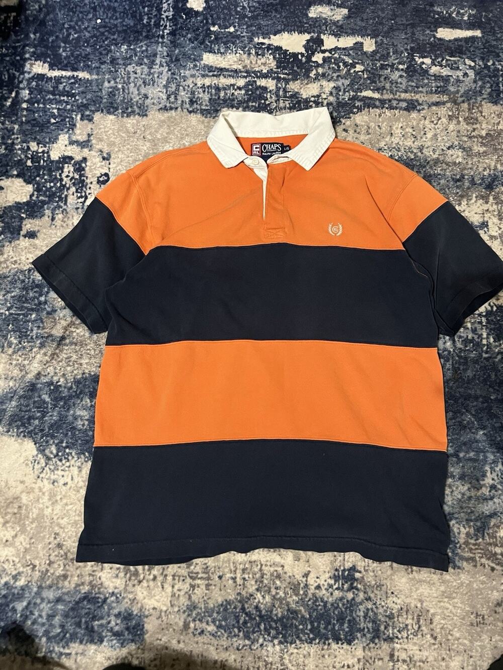 Size L- Vintage Chaps Polo by Ralph Lauren Rugby Shirt Mens Orange Navy Striped